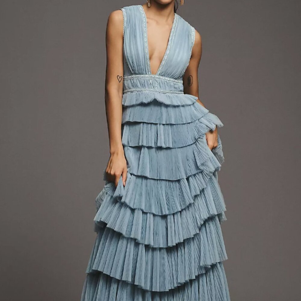 Hutch Charley Deep-V Pleated Tiered Maxi Dress